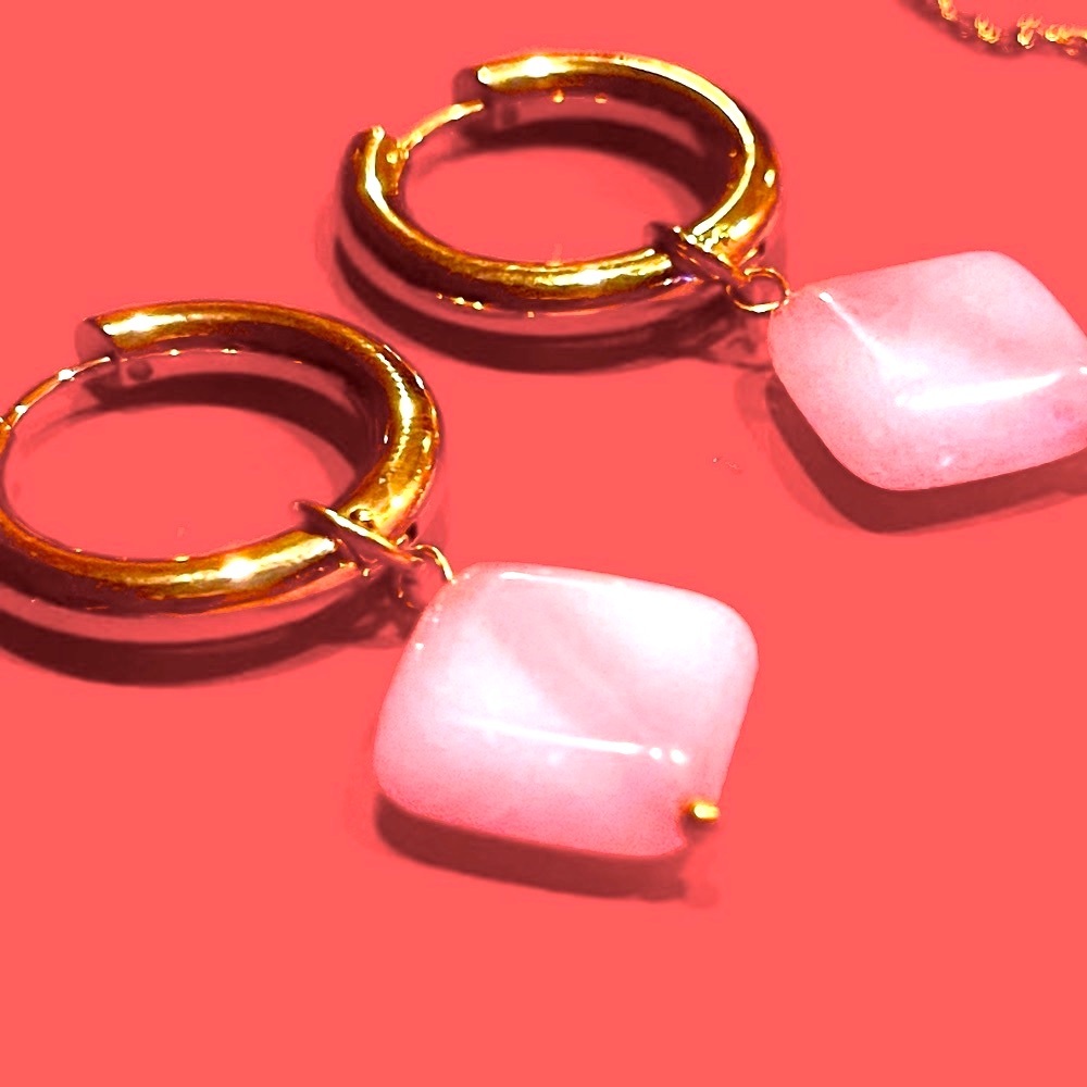 🎀🌼 18K Gold-Plated Rose Quartz Jewelry Set, Necklace + Earrings